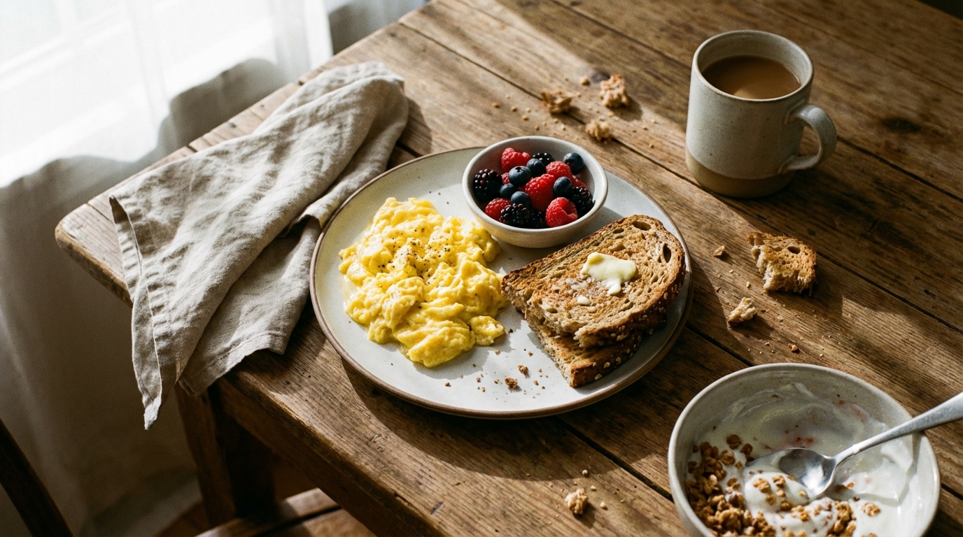 Balanced breakfast plate in soft morning kitchen light