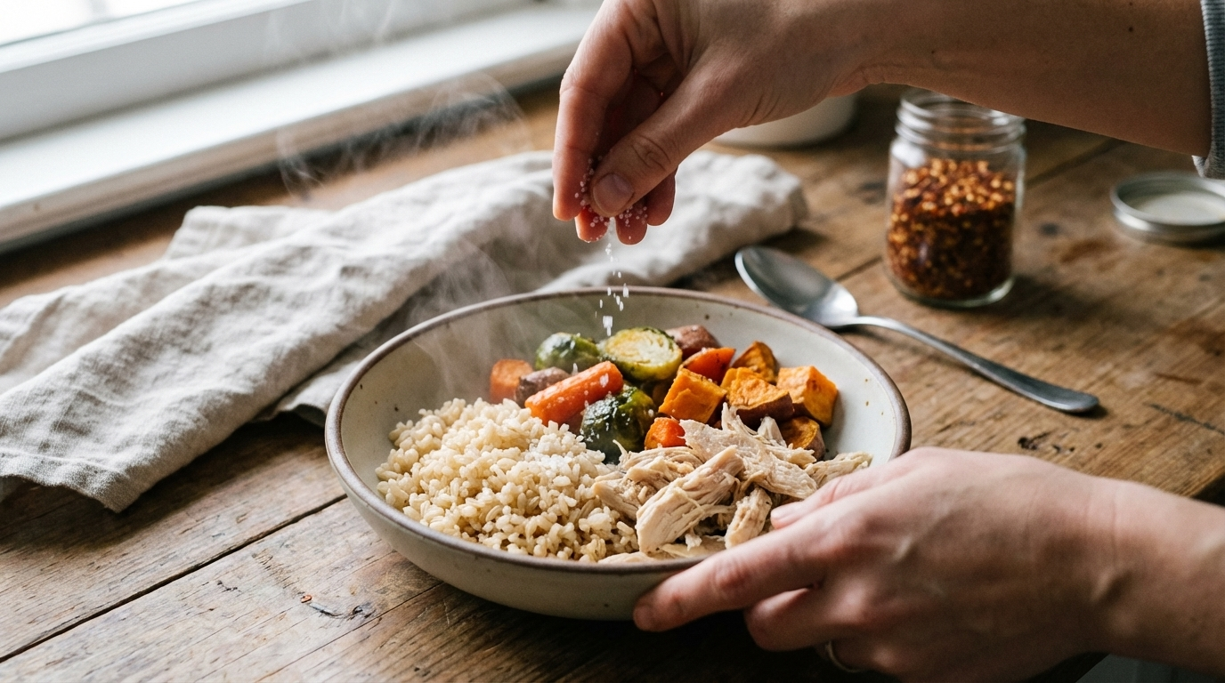 Hands preparing a warm nourishing bowl with steam in natural light