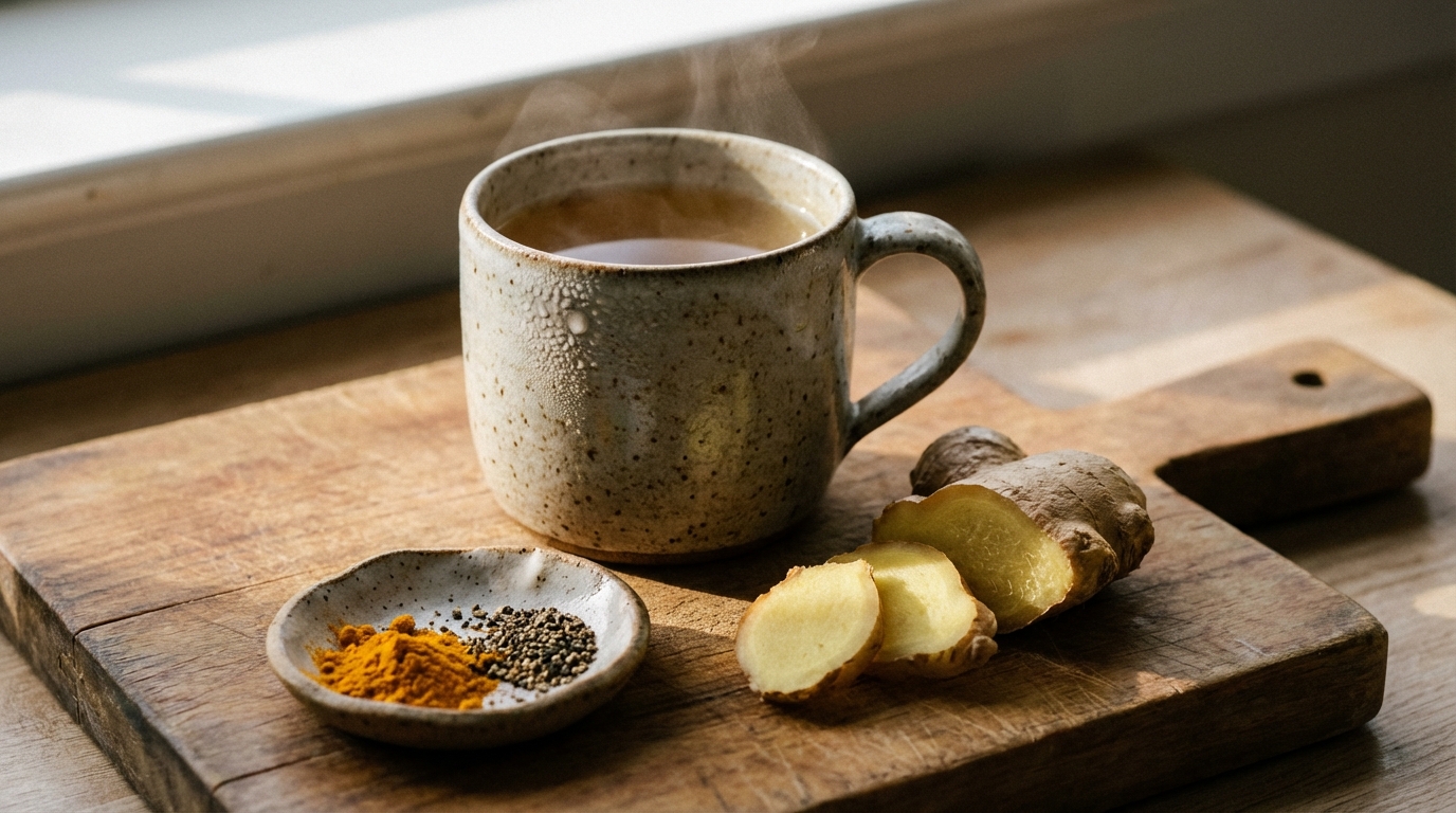 Ginger tea with turmeric and pepper on a kitchen counter
