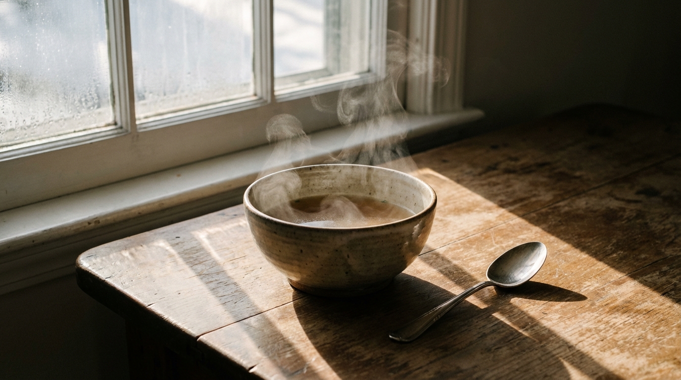 Bowl of warm broth steaming in soft sunlight