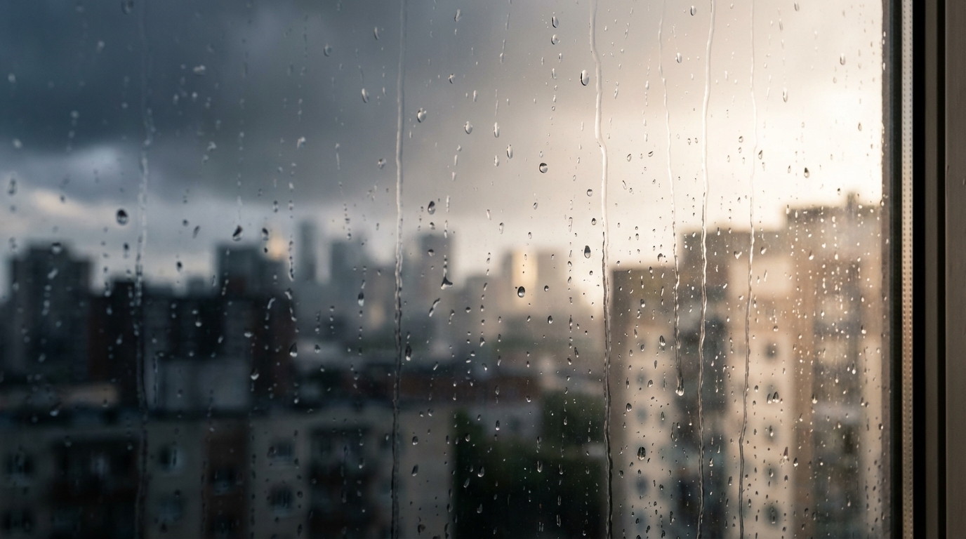 Rain on window with clouds clearing in distance