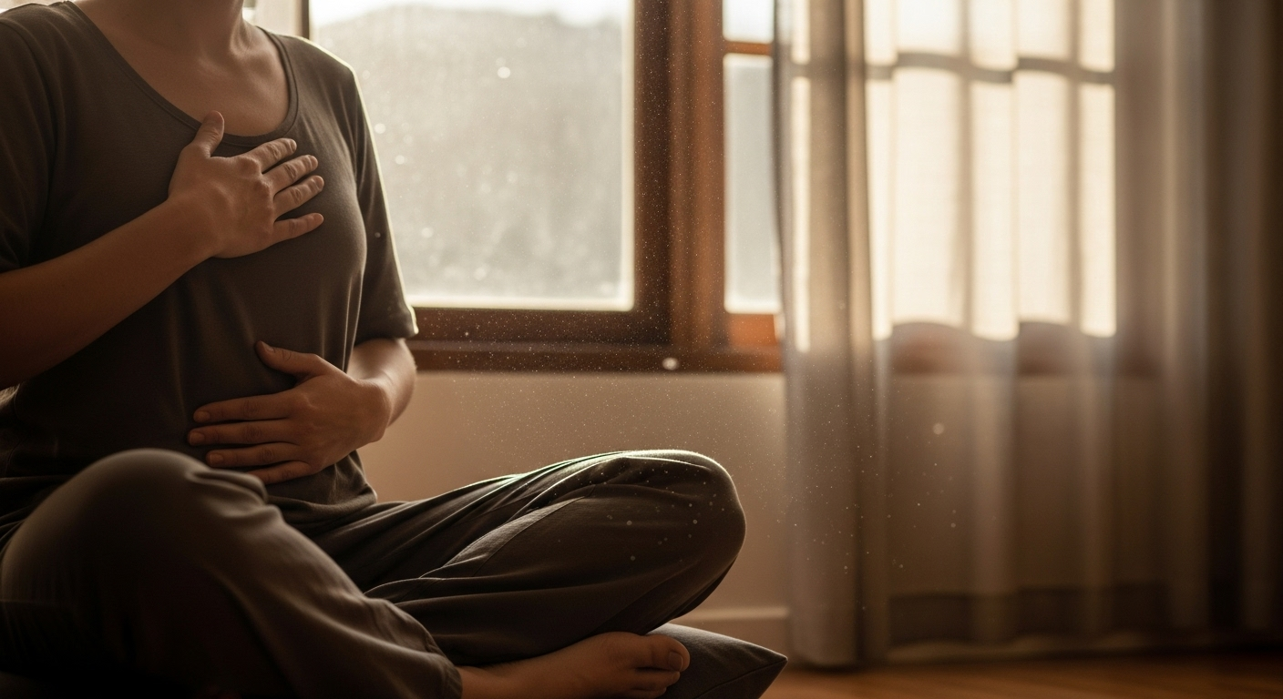 Person practices box breathing by a window for brain health.