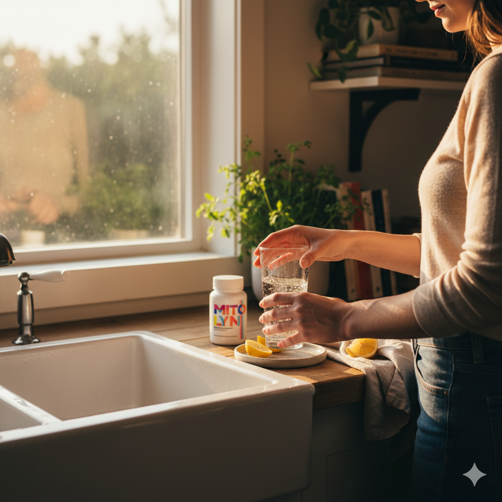 Hands swirling a glass of water beside a Mitolyn bottle in a sunlit kitchen sink scene.