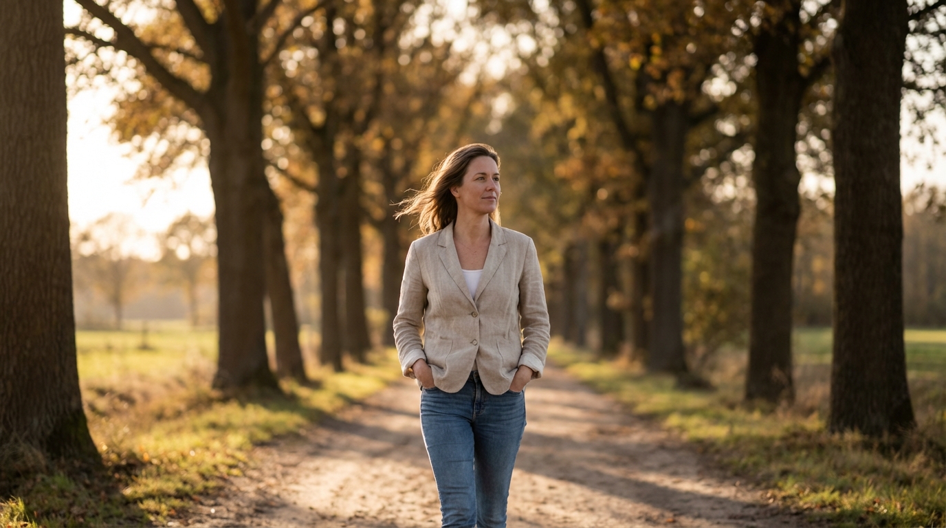 Woman walking on a quiet path in warm afternoon light