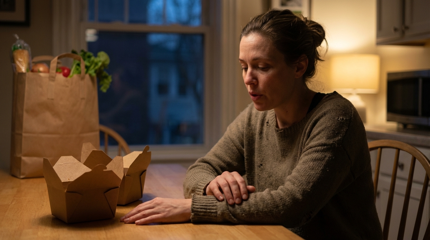 Tired woman at a kitchen table during a busy week
