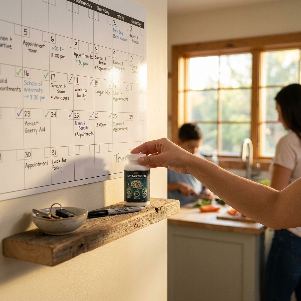Hand setting a Synaptigen bottle on a shelf under a busy family calendar