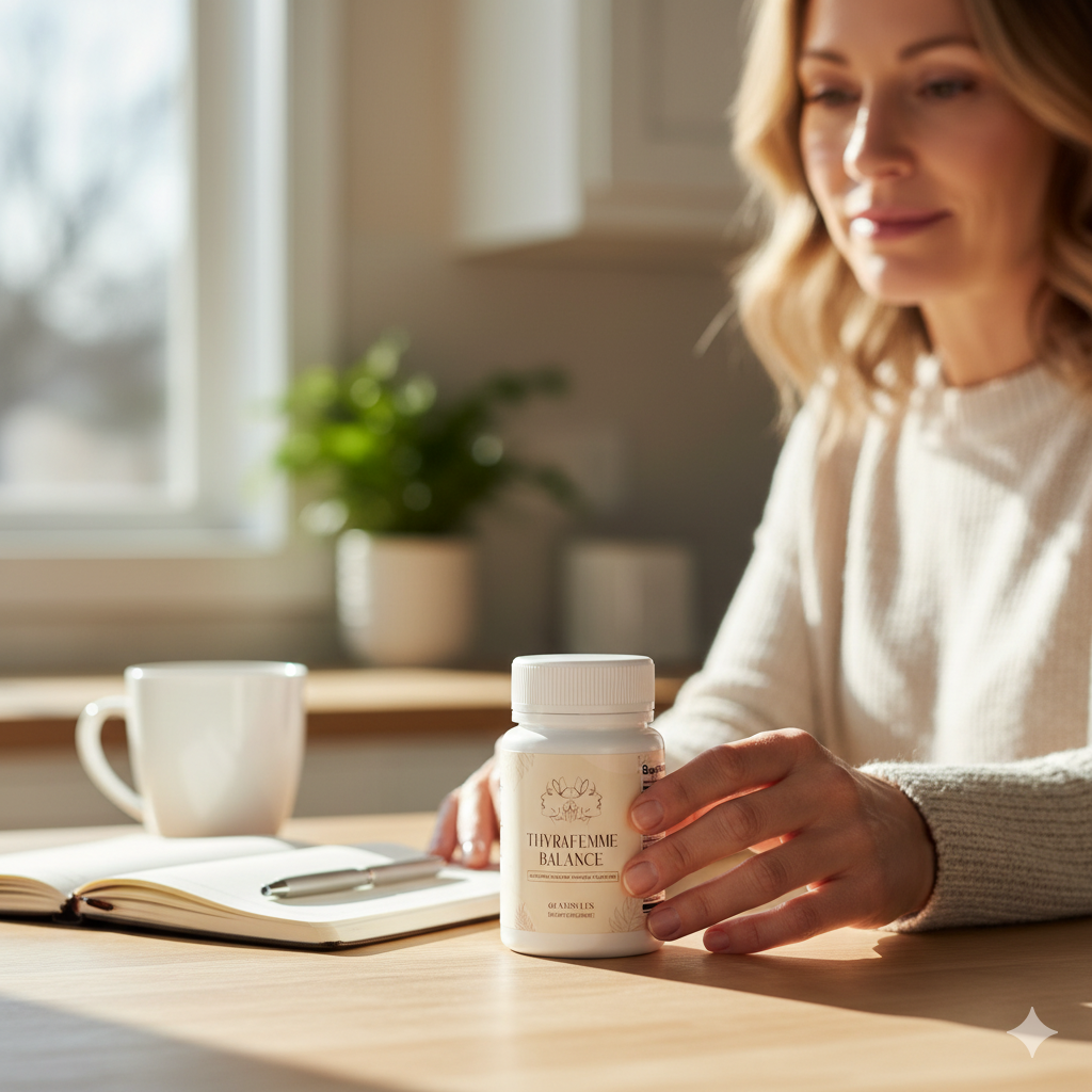 Woman reaches for thyroid support; hormones and brain fog help in morning routine