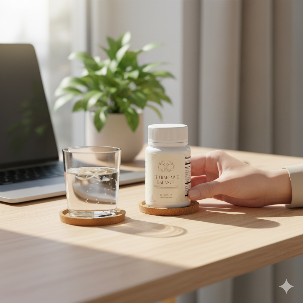 Thyroid support bottle on desk; hormones and brain fog helper in work scene
