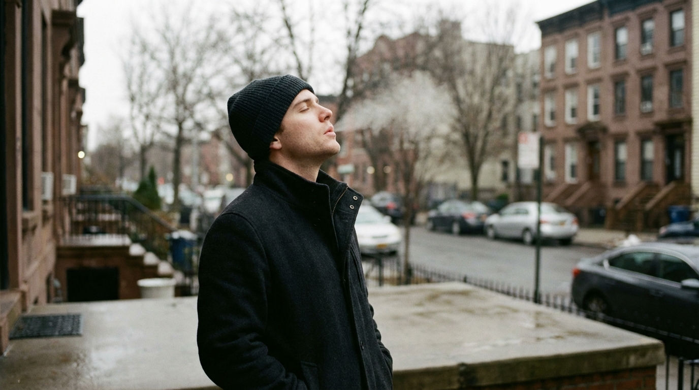 A person outside on a gray morning soaking in natural light