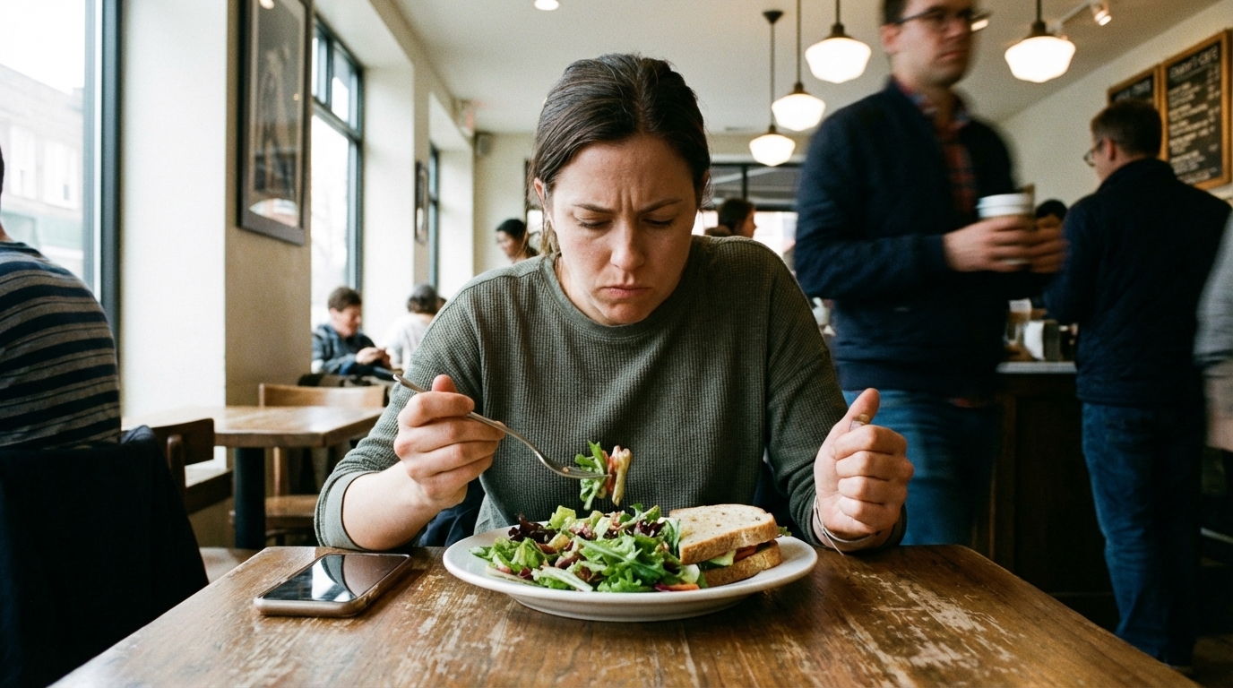 Woman tense during lunch with untouched meal