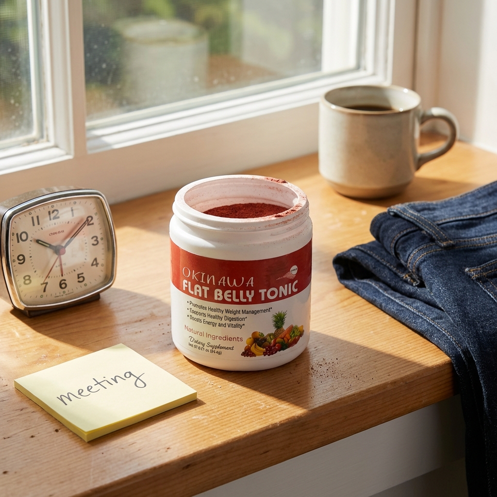 Okinawa Flat Belly Tonic on windowsill beside a small clock and folded jeans