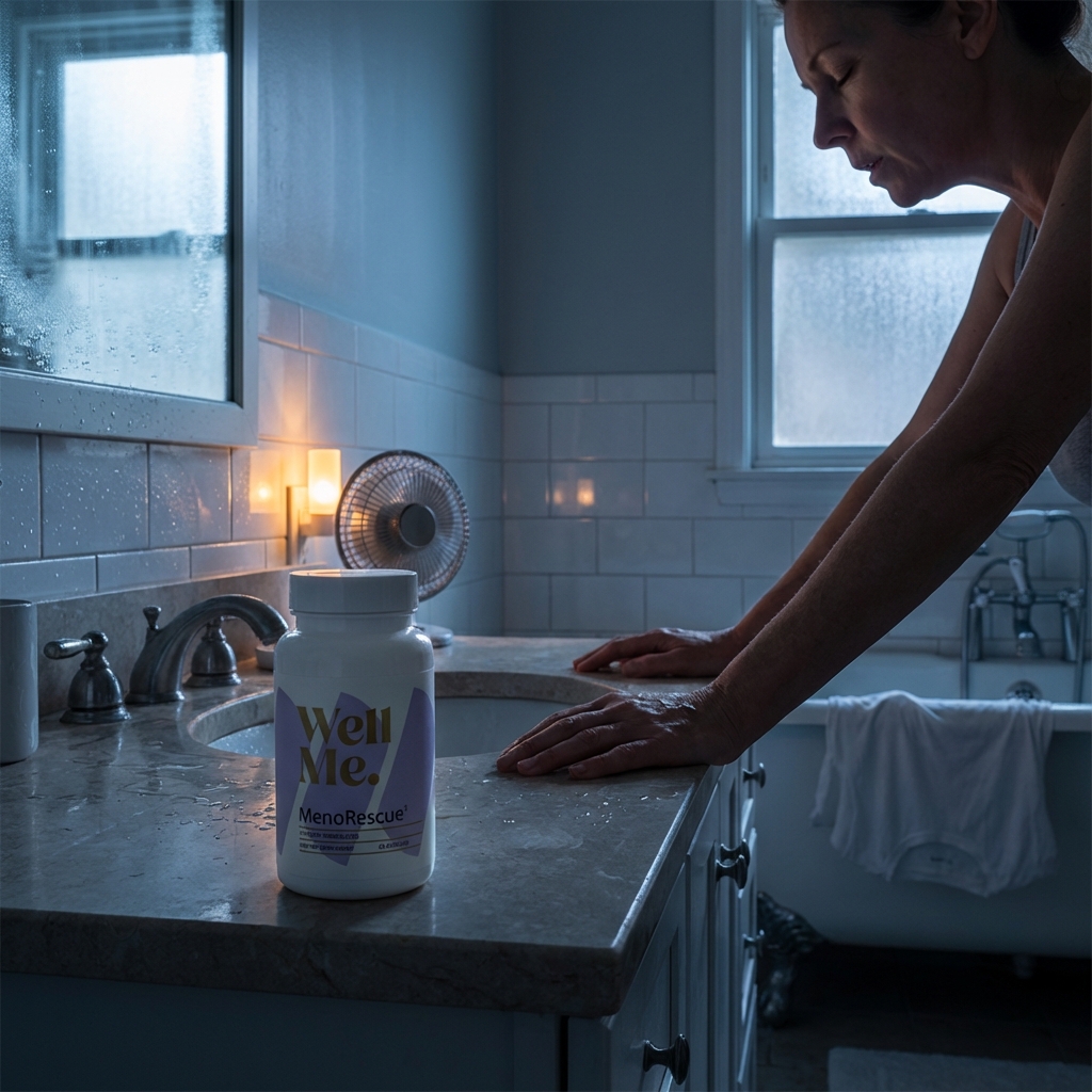 MenoRescue bottle in focus on a bathroom counter during a late night wake up