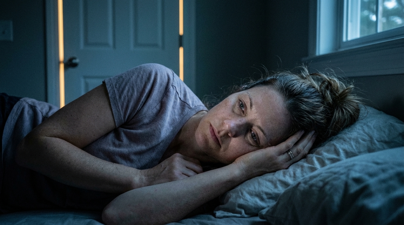 Woman awake in bed staring toward a dim hallway light