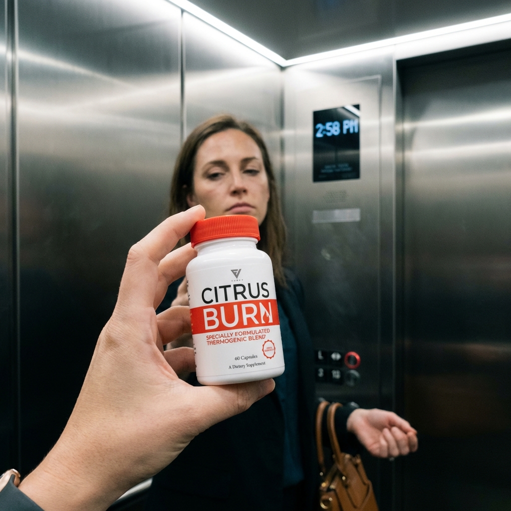 CitrusBurn bottle held in elevator before afternoon slump