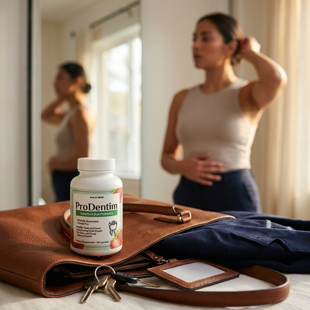 ProDentim bottle on work tote in morning light