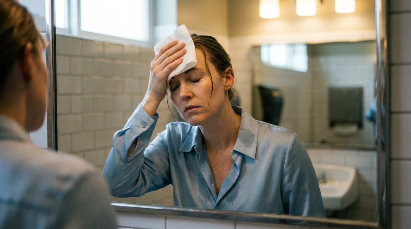 Woman in restroom mirror taking a quiet breath