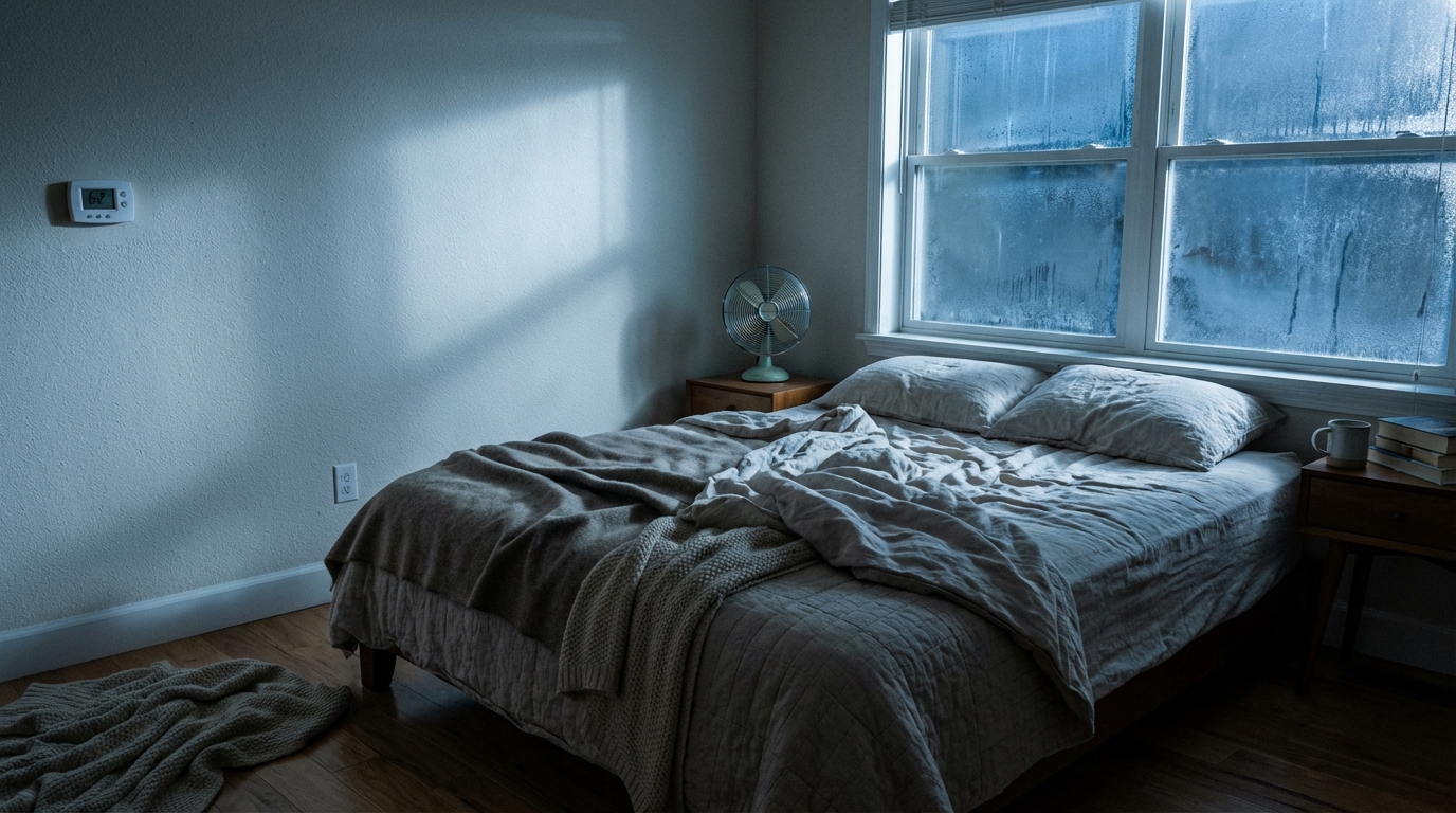 Bedroom with layered blankets fan and cold window at night