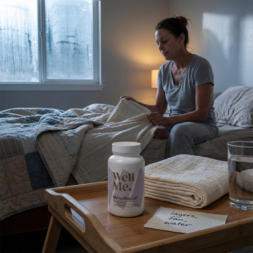 MenoRescue bottle in sharp focus on a bedside tray with layered bedding nearby
