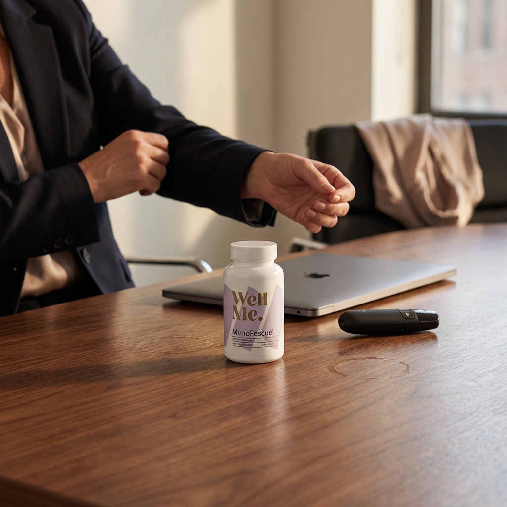 MenoRescue bottle on a boardroom table after a presentation