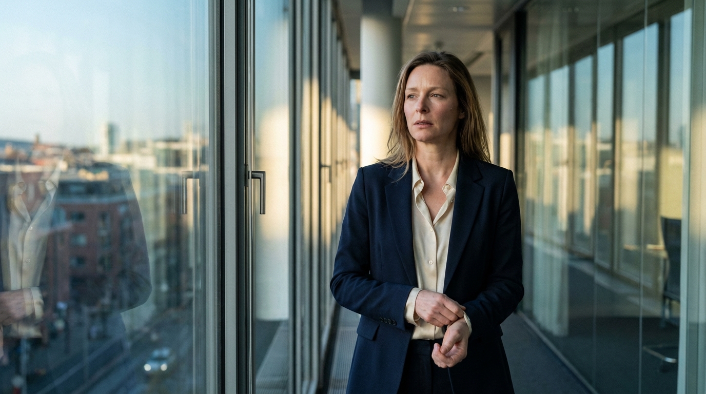 Woman pausing by office window collecting herself