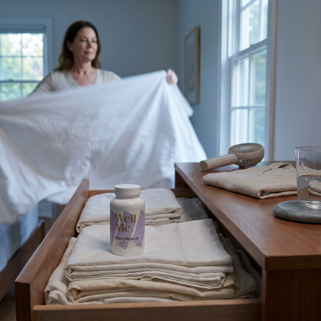 MenoRescue bottle on folded sheets beside open drawer