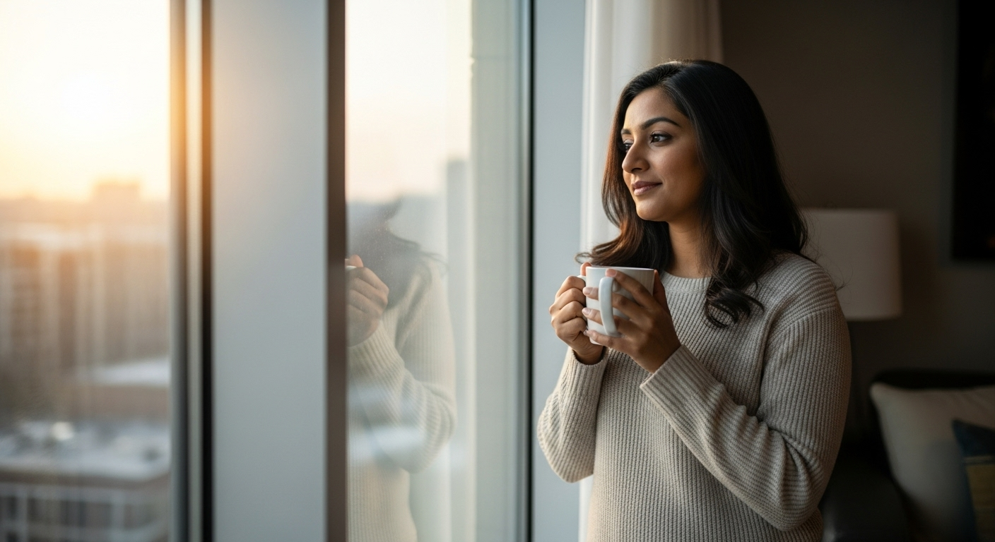 Woman pausing by a window with tea, quiet clarity about biohacking nutrition.