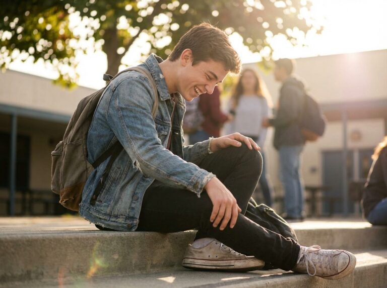 Teen boy laughing outside school feeling relaxed and steady