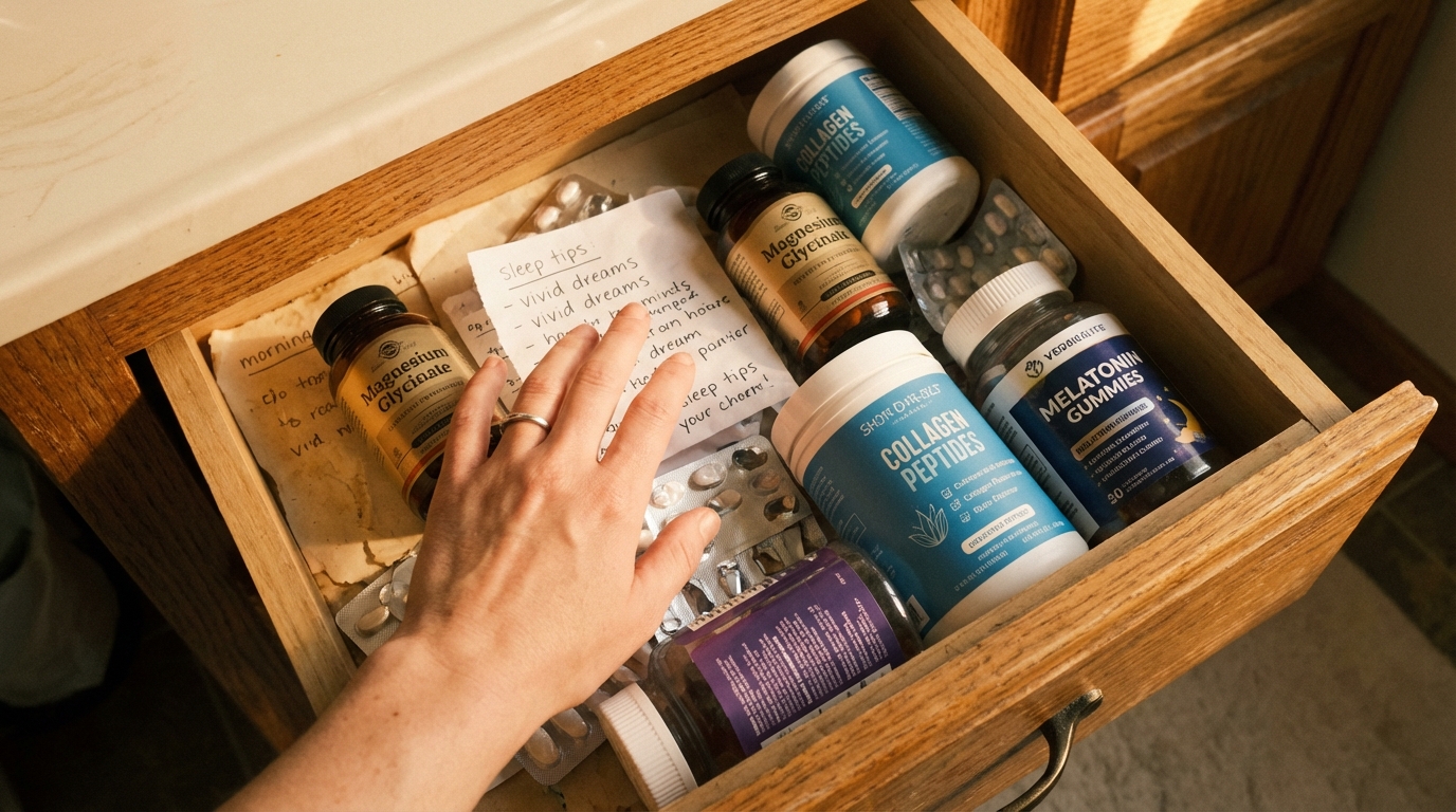 Open bathroom drawer filled with abandoned wellness products and a hesitant hand above them