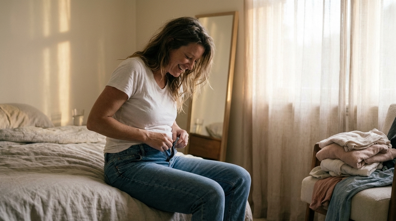 Woman sitting on bed loosening jeans after a bloated day