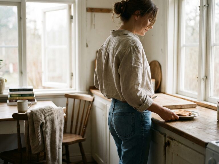 Woman pausing calmly in soft kitchen window light