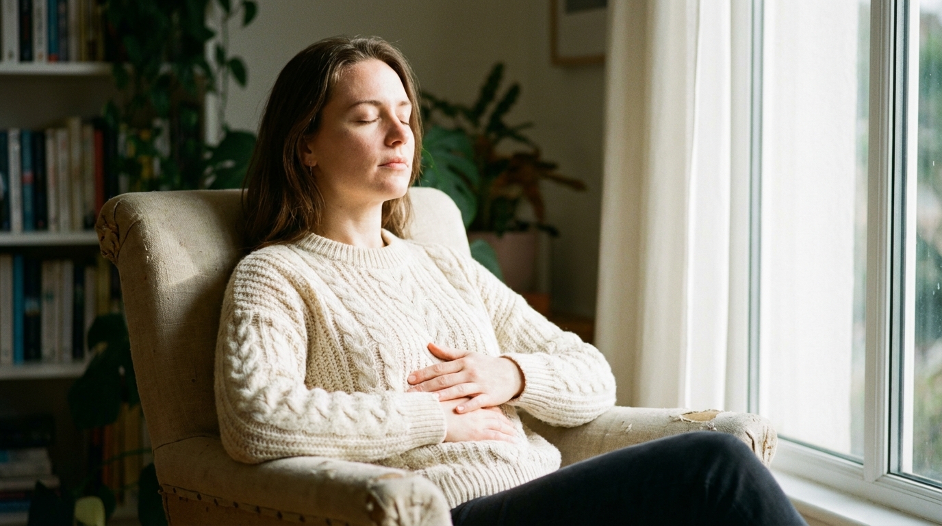 Woman sitting by window with eyes closed breathing slowly