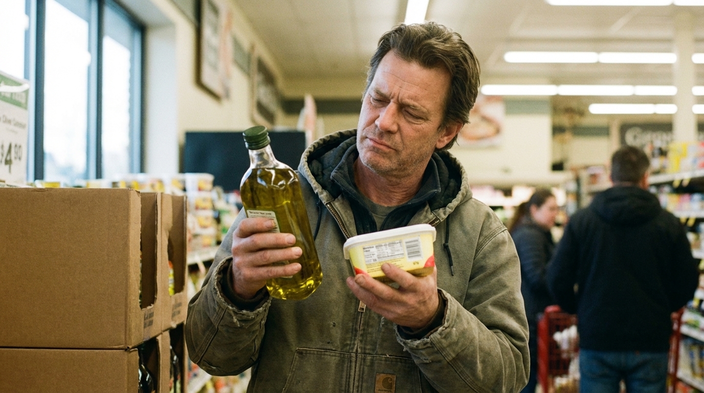 Man comparing two cooking fats in a store