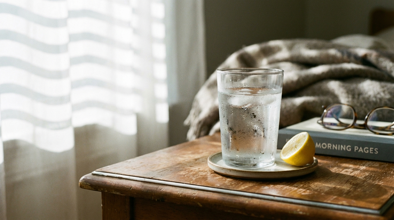 Morning water glass on bedside table in natural light