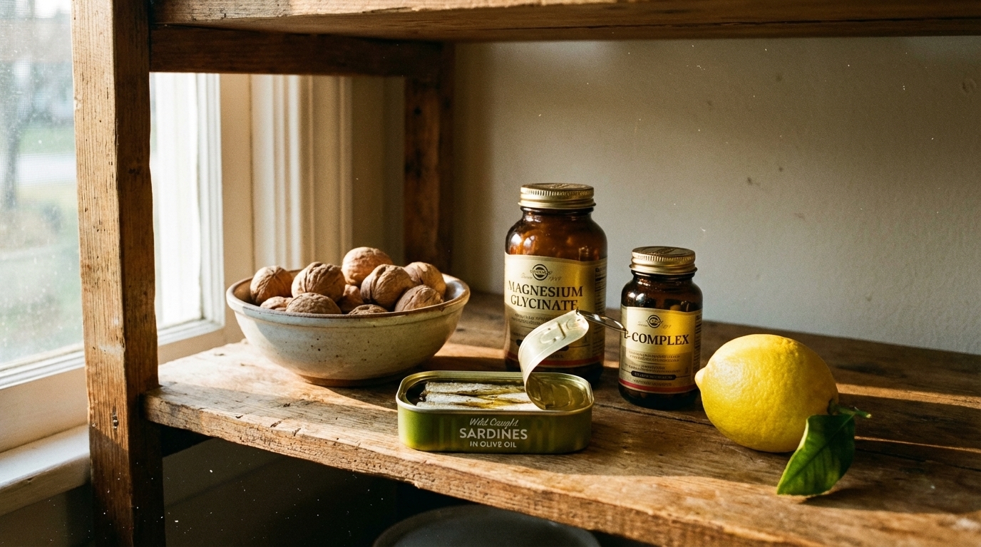 Everyday supplement and food basics on a kitchen shelf