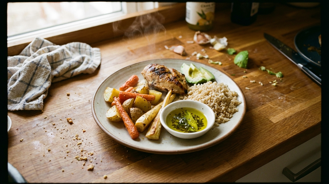 Balanced dinner plate with vegetables protein and grains