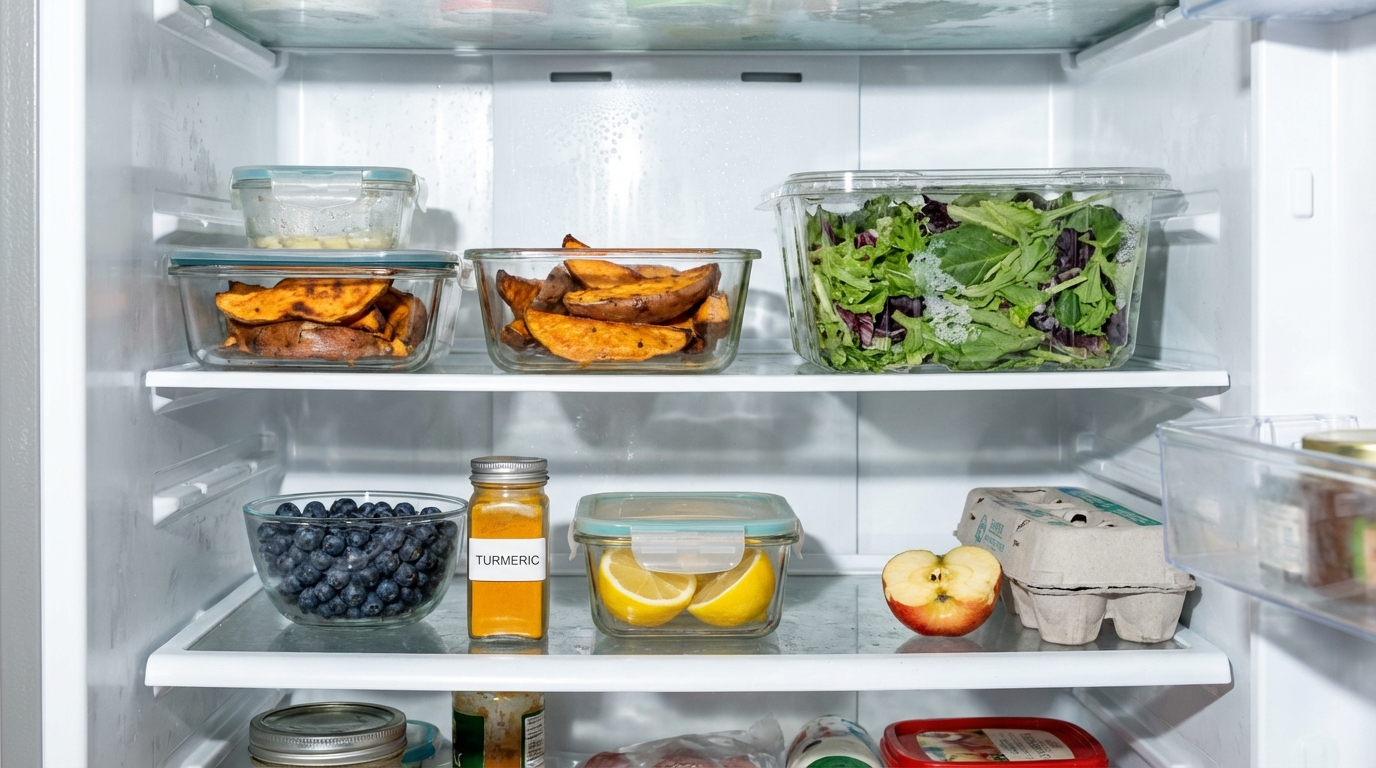 Open fridge with simple meal prep staples ready
