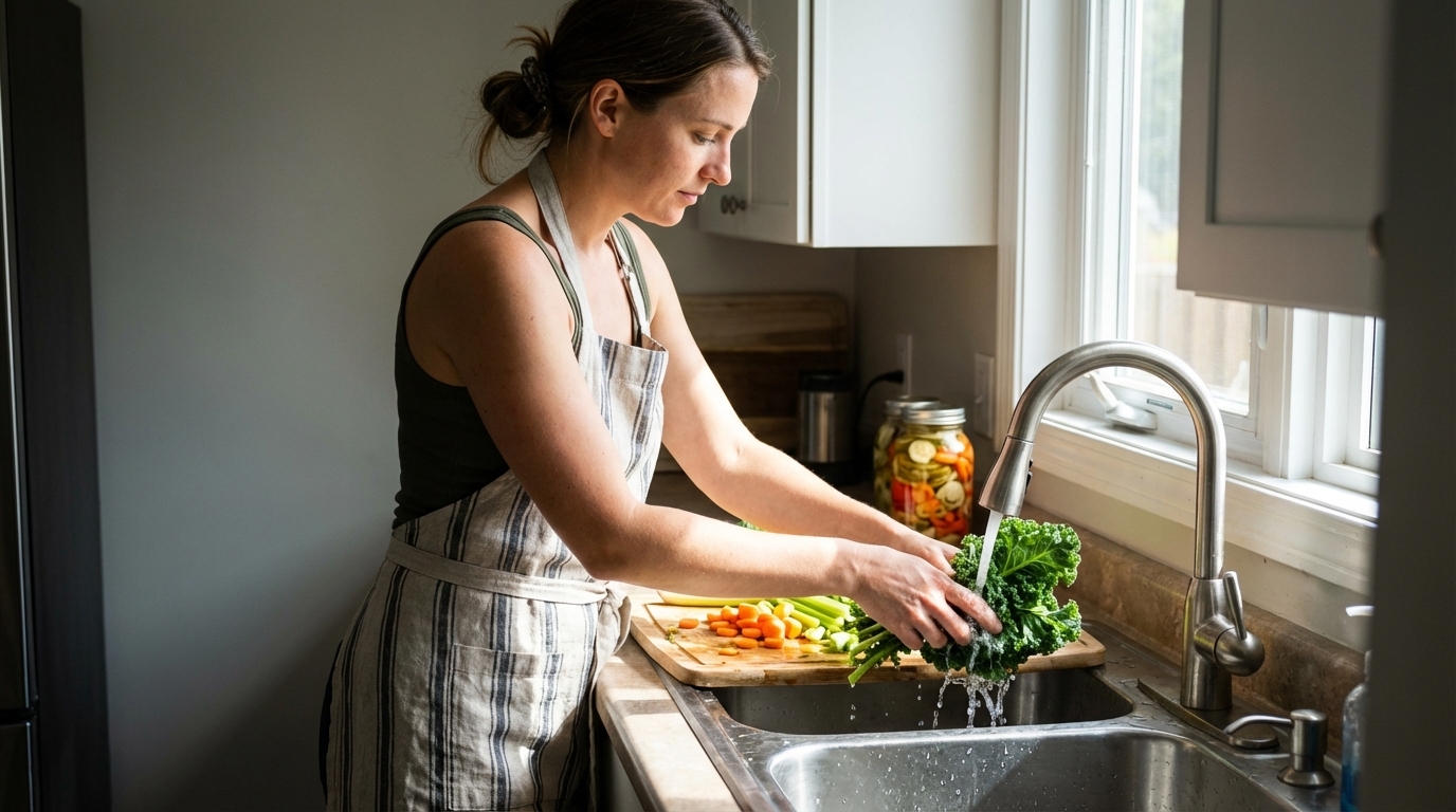 Woman preparing vegetables in a bright kitchen