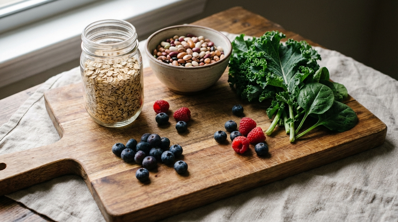 Variety of gut-friendly foods in calm natural light