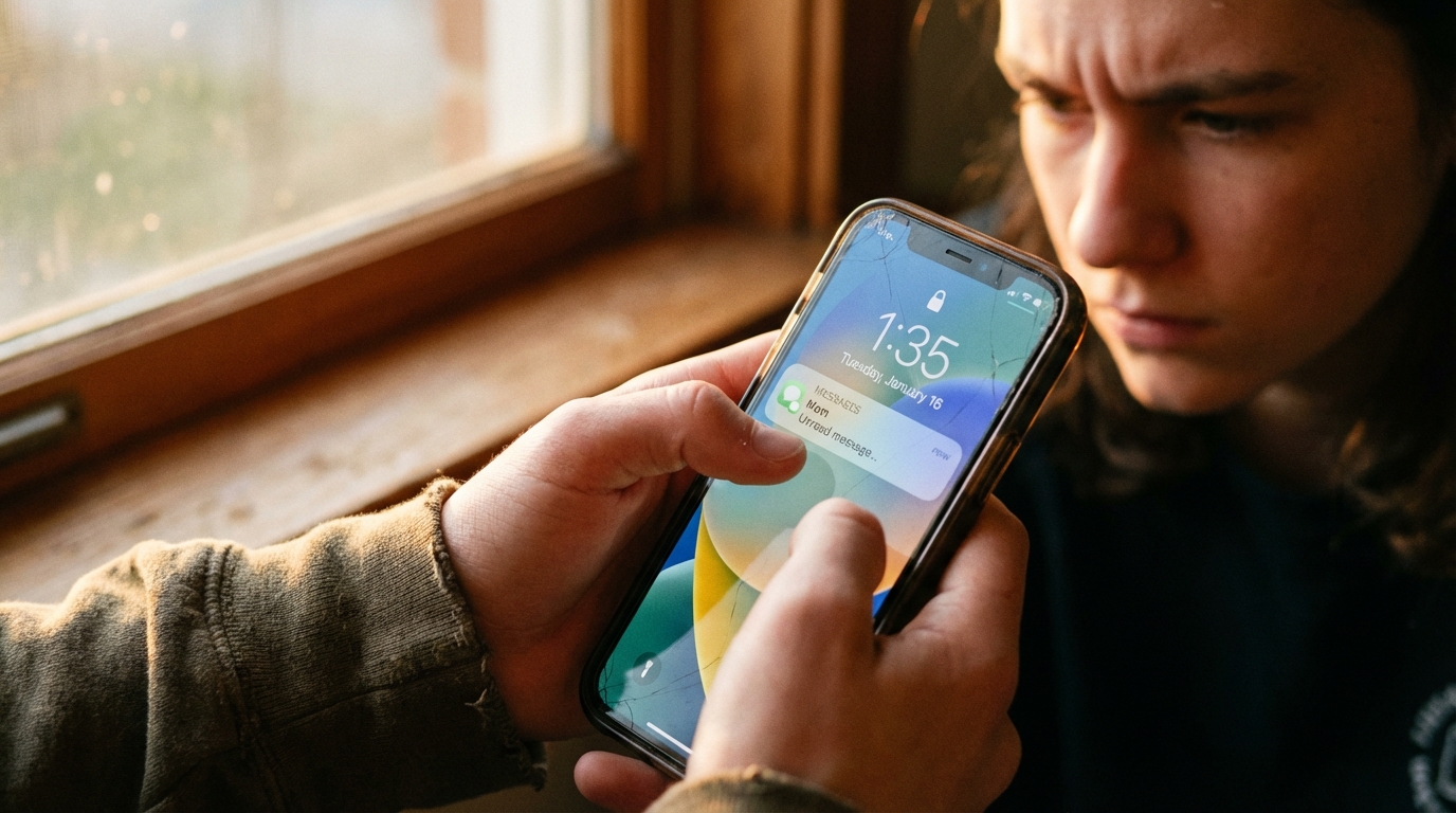 A hand holding a phone showing hesitation and emotional fatigue