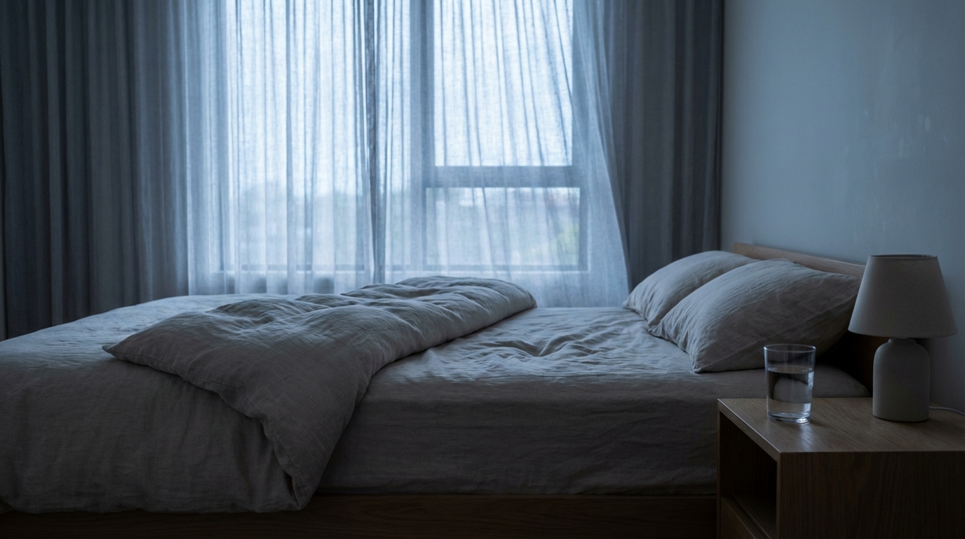 Calm bedroom in pre dawn light with a quiet stillness and a sense of overnight restoration