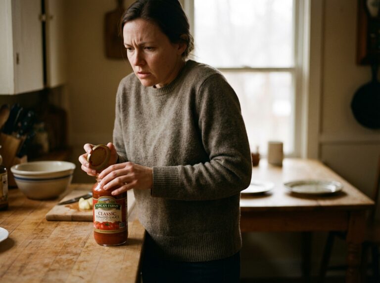 Woman pauses while opening a jar in a warm kitchen