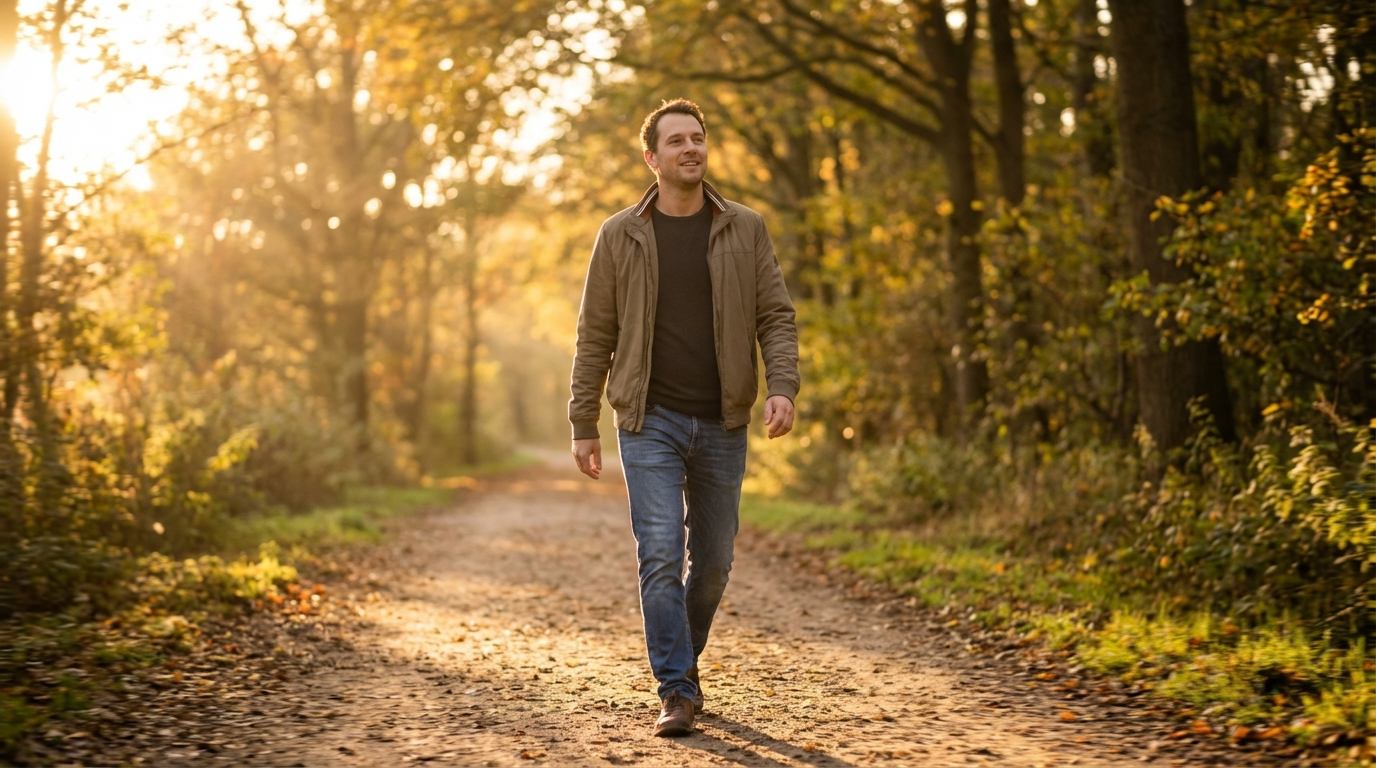 Man walking comfortably on a sunlit path