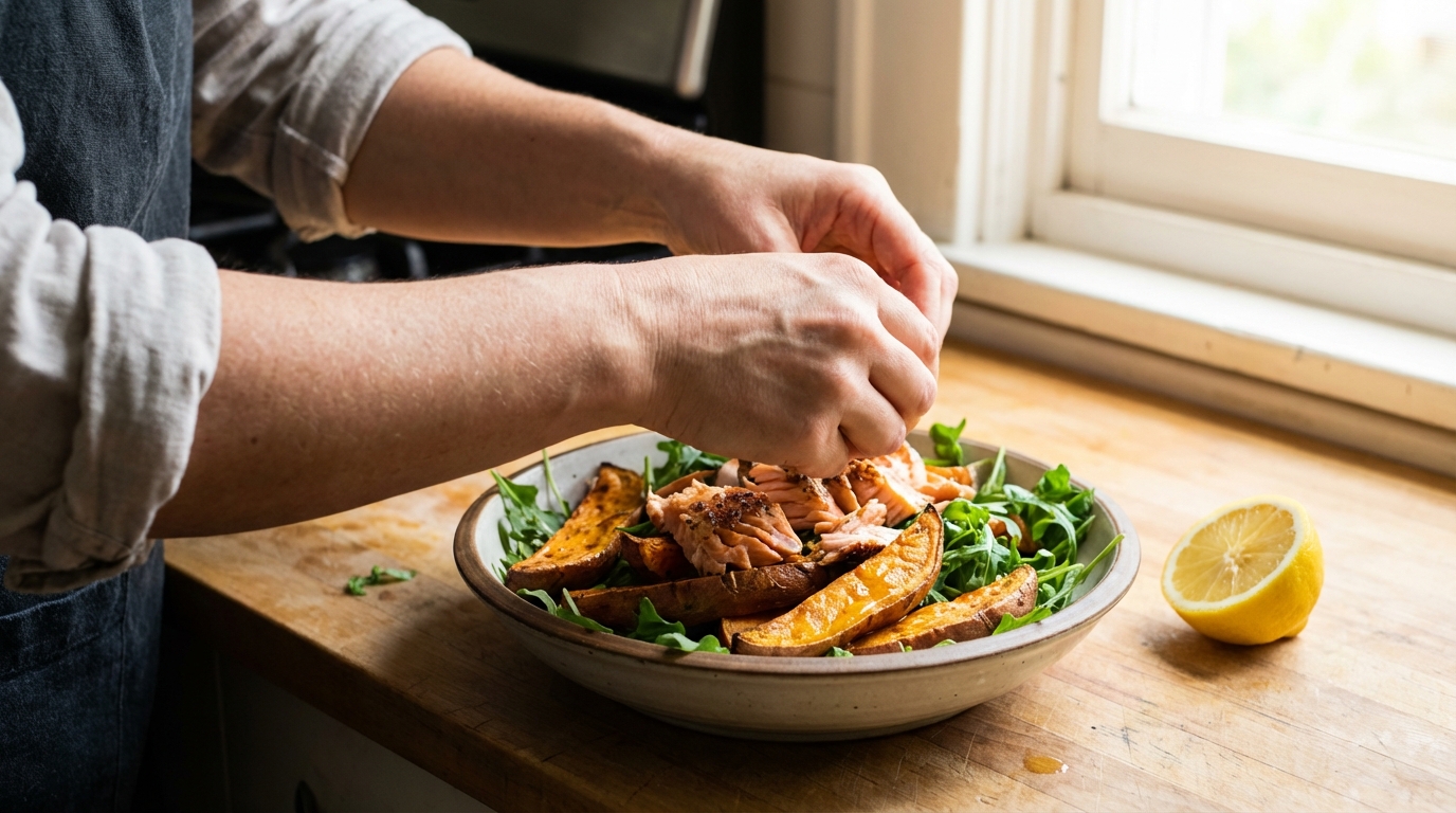 Hands assembling a salmon and sweet potato lunch bowl