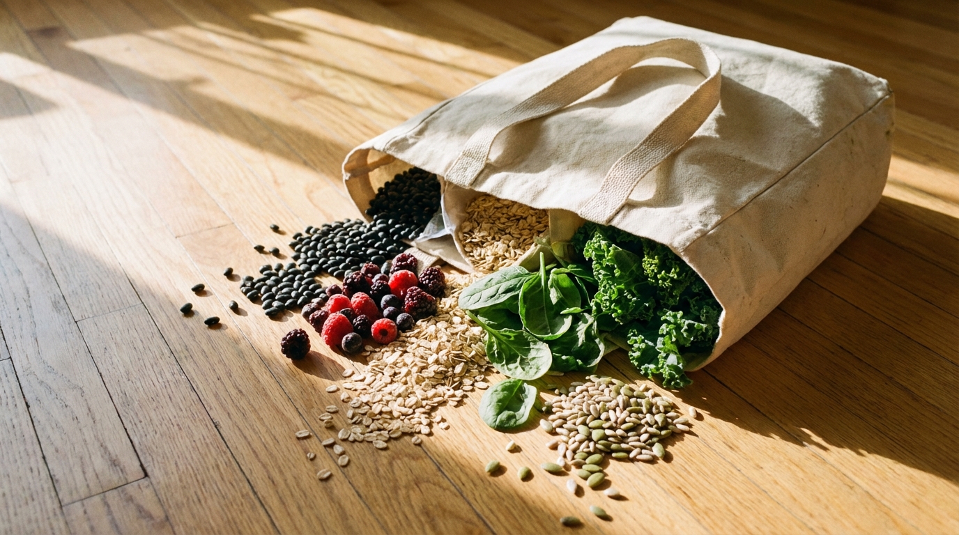 Grocery bag with fiber rich foods in natural light