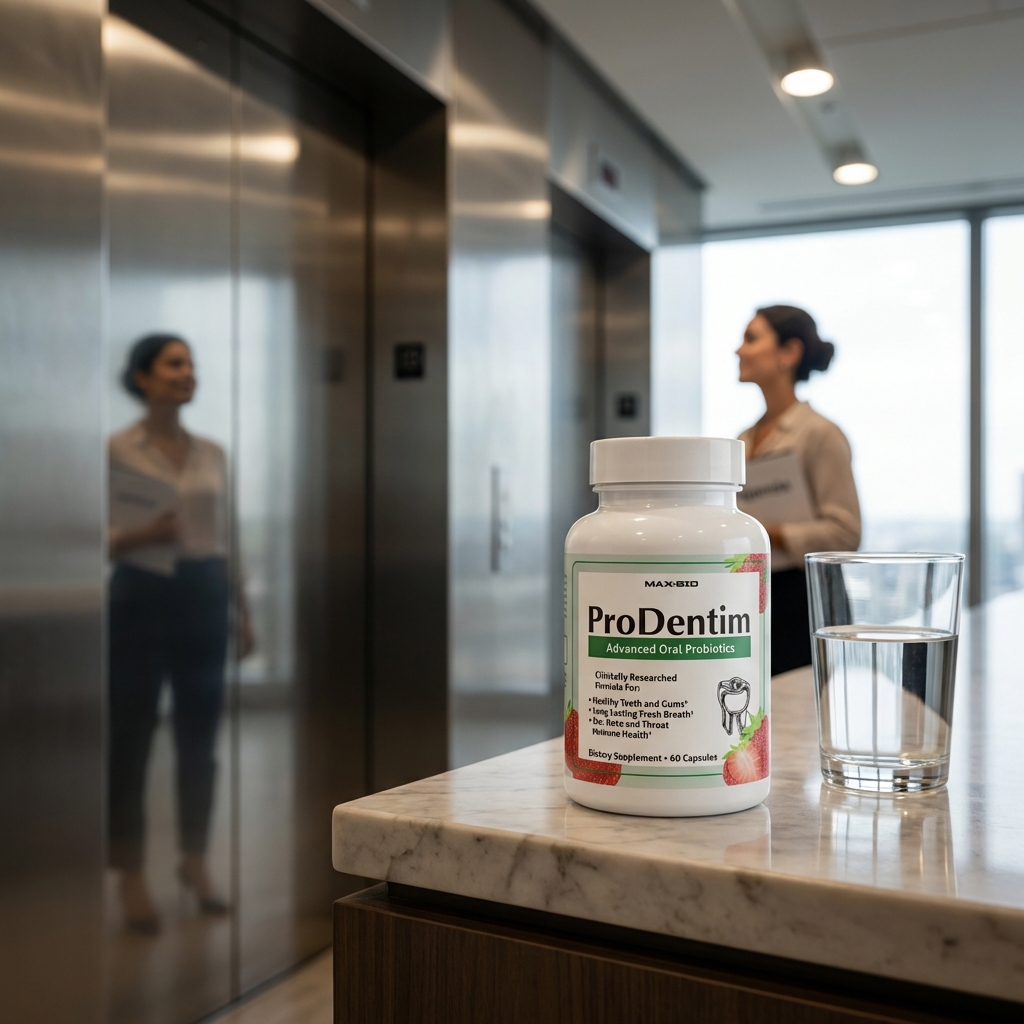 ProDentim bottle on ledge outside a meeting room
