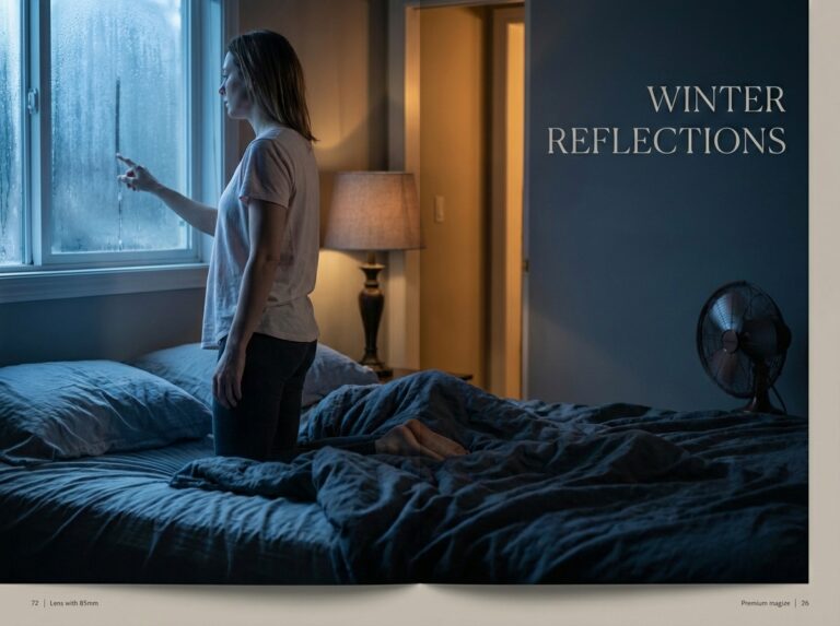 Woman tracing a line in condensation on a cold bedroom window at night