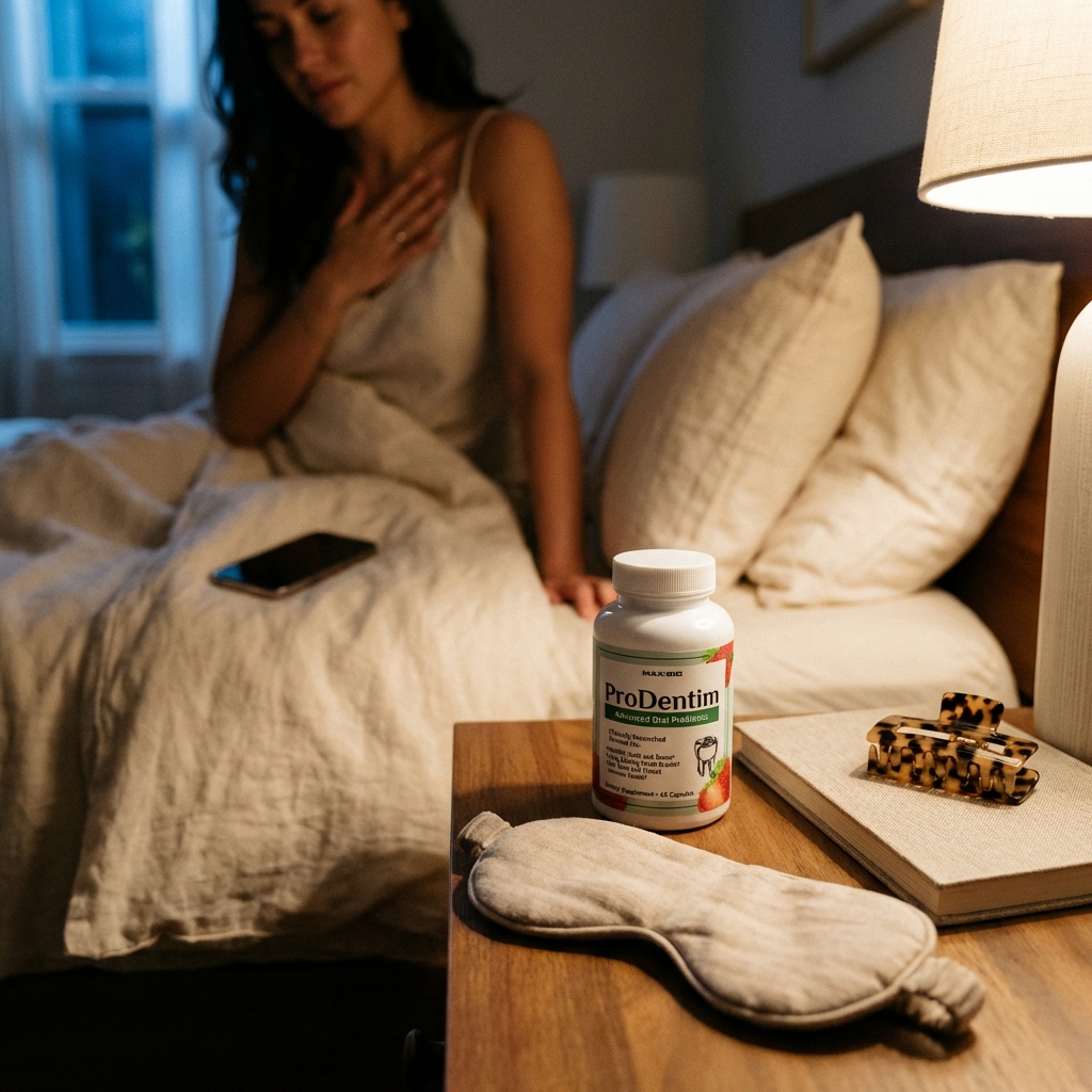 ProDentim bottle on nightstand with warm lamp light