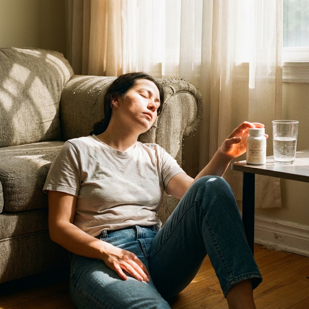 Midday fatigue pause with Thyrafemme Balance on a side table in natural light