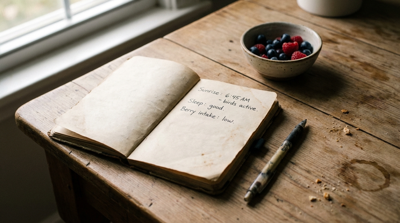 Notebook with simple food and feeling notes on a table