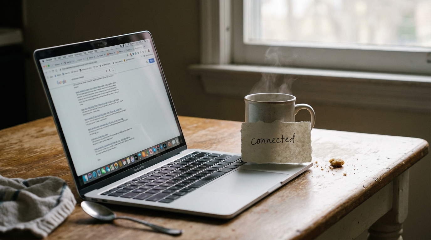 Laptop and note on kitchen table in morning light